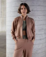 Conjunto Lia com Fecho fitness feminino marrom com calça e casaco em Moletom MVS