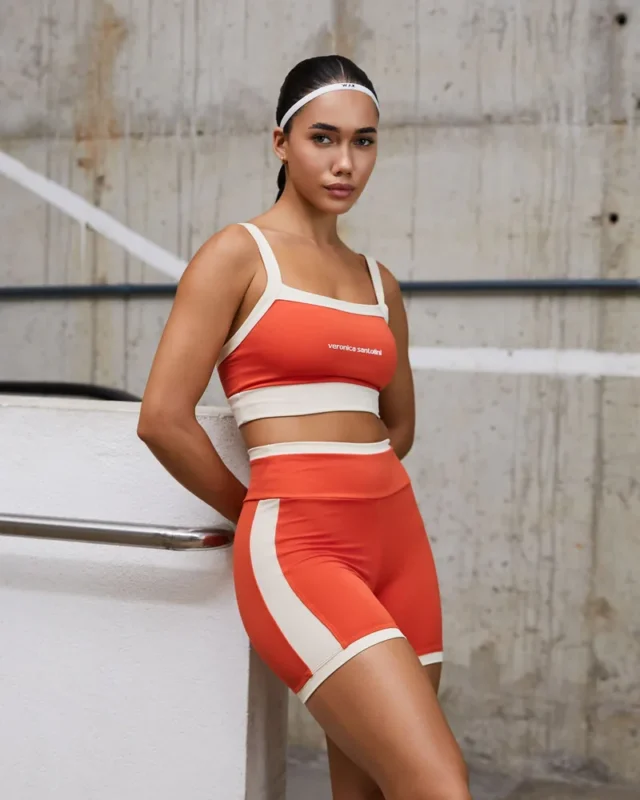 Conjunto Short Sarah fitness feminino laranja com top e short em Fitmax New